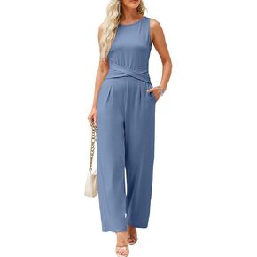 Happy Sailed Jumpsuits for Women Sleeveless Crewneck Cross Waist Wide Leg Long Pants Romper Dressy Business Casual Outfits