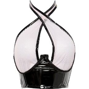 Daisy corsets Womens Lt Pink/Black Vinyl & Fishnet Halter Top Underwire Cincher