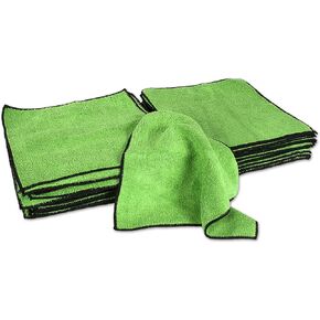 Eurow Microfiber Cleaning Towels, 350GSM, Green with Black Trim, 12 by 12 Inches, Pack of 50