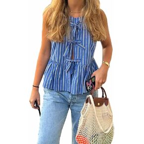 Bocymolay Y2k Tie Front Tank Top for Women Sleeveless Blouse Cropped Vest Lace up Peplum Shirts Going Out
