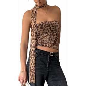 Bocymolay Leopard Print Tube Top for Women Sexy Strapless Mesh Ruched Bandeau Top Going Out Streetwear