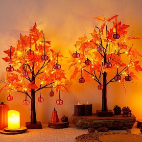 [ 2 Pack & Timer ] Beterzack 24 Inch Artificial Fall Lighted Maple Tree with 48 LEDs, Fall Decor with 20 Wood Pumpkin Ornaments Battery/USB Operated Timer for Autumn Thanksgiving Fall Home Decor