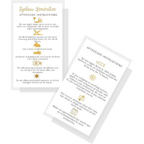 Eyebrow Lamination Aftercare Cards | 2x3.5" inch Business Card Size | Starter Lift Kit with Tint at home diy aftercare supplies | White with Non-Metallic Gold Colored Design