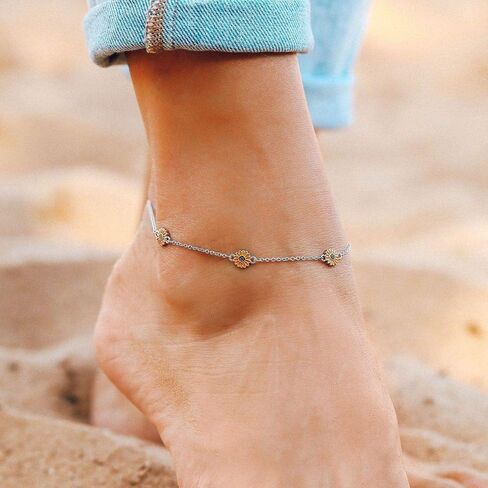 خلخال عباد الشمس من المينا الفضية مقاس 9 بوصات من Pura Vida - سلسلة قابلة للتعديل، تصميم أنيق - حلية العلامة التجارية، وصلة تمديد 1 بوصة in Kuwait