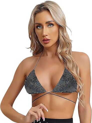 Women's Sequins Halter Triangle Bra Sexy Club Rave Bikini Top Backless Bandeau Strappy Crop Top Lingerie Festival Outfit in Saudi Arabia