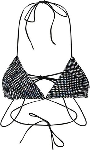 Women's Sequins Halter Triangle Bra Sexy Club Rave Bikini Top Backless Bandeau Strappy Crop Top Lingerie Festival Outfit in Saudi Arabia