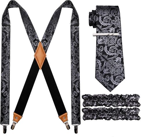 Barry.Wang Paisley Men Suspenders Set X Type Necktie Armband Tie Clip Formal Gatsby Costume Wedding Party Prom in Saudi Arabia