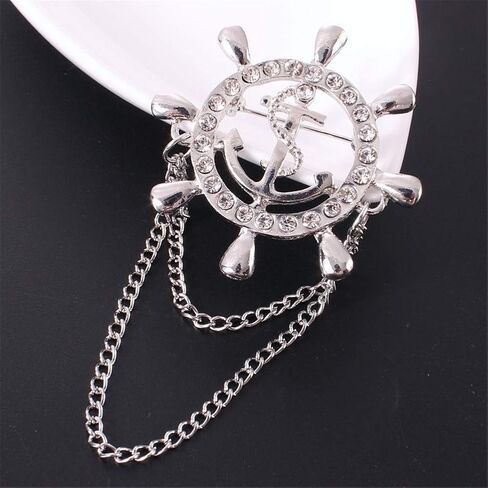 Rudder Brooch for Women Men Rhinestone Anchor Rudder Brooch Pins Chain Fashion Navy Sailor Dress Suit Pin Wedding Party Jewelry in Saudi Arabia