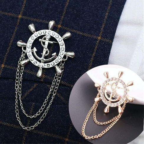 Rudder Brooch for Women Men Rhinestone Anchor Rudder Brooch Pins Chain Fashion Navy Sailor Dress Suit Pin Wedding Party Jewelry in Saudi Arabia