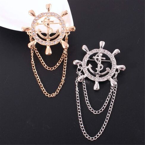 Rudder Brooch for Women Men Rhinestone Anchor Rudder Brooch Pins Chain Fashion Navy Sailor Dress Suit Pin Wedding Party Jewelry in Saudi Arabia
