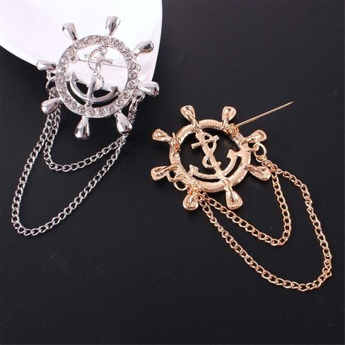 Rudder Brooch for Women Men Rhinestone Anchor Rudder Brooch Pins Chain Fashion Navy Sailor Dress Suit Pin Wedding Party Jewelry in Saudi Arabia