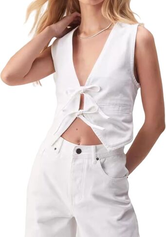 Women Tie Front Tops Y2k Vintage Denim Vest Vintage V Neck Solid Washed Jean Tank Crop Tops in Kuwait