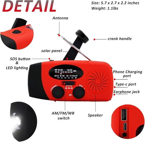 Upgraded Emergency Solar Hand Crank Radio with LED Flashlight, Portable Am Fm NOAA Weather Radio, 2000mAh Solar Power Bank Cell Phone Charger for Home and Outdoor（Black） in Kuwait