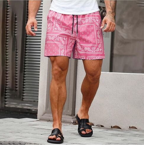 Men's Casual Summer Shorts Boho Print Drawstring Elastic Waist Beach Shorts with Pocket in Saudi Arabia