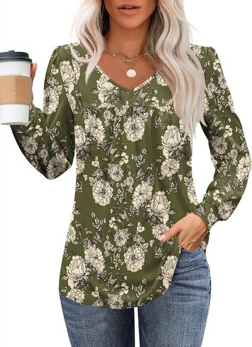 Micoson Women's Casual Long Sleeve Tunic Tops V Neck Pleated Shirts Fall Loose Work Blouses in Saudi Arabia