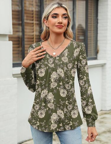 Micoson Women's Casual Long Sleeve Tunic Tops V Neck Pleated Shirts Fall Loose Work Blouses in Saudi Arabia