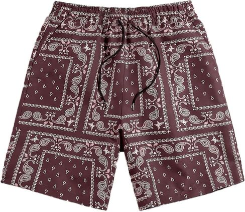 Men's Casual Summer Shorts Boho Print Drawstring Elastic Waist Beach Shorts with Pocket in Saudi Arabia