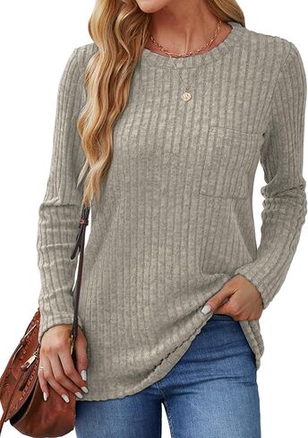 Aokosor Long Sleeve Shirts for Women Lightweight Crew Neck Sweatshirt Casual Tunic Tops for Women with Pocket Fashion 2024 in Kuwait