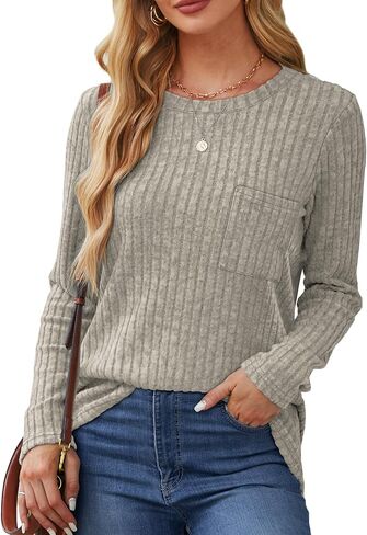 Aokosor Long Sleeve Shirts for Women Lightweight Crew Neck Sweatshirt Casual Tunic Tops for Women with Pocket Fashion 2024 in Kuwait