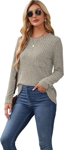 Aokosor Long Sleeve Shirts for Women Lightweight Crew Neck Sweatshirt Casual Tunic Tops for Women with Pocket Fashion 2024 in Kuwait