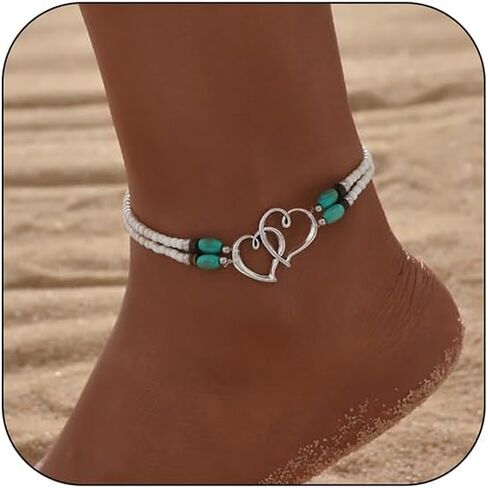 Beaded Ankle Bracelet for Women Double Layered Elastic Beaded Anklet Bracelets Double Hollow Hearts Stretch Waterproof Anklet Dainty Boho Turquoise Foot Bracelet Summer Beach Jewelry for Women in Saudi Arabia