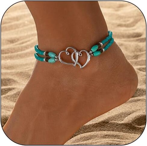 Beaded Ankle Bracelet for Women Double Layered Elastic Beaded Anklet Bracelets Double Hollow Hearts Stretch Waterproof Anklet Dainty Boho Turquoise Foot Bracelet Summer Beach Jewelry for Women in Saudi Arabia