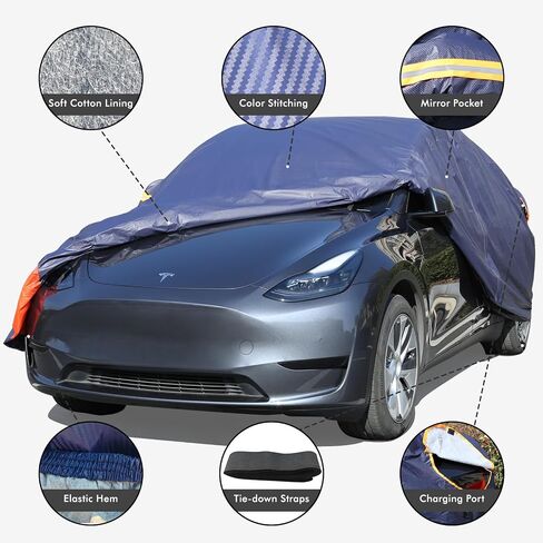 غطاء سيارة Tesla Model Y مقاوم للماء في جميع الأحوال الجوية، 6 طبقات خارجية كاملة للحماية من المطر والشمس والأشعة فوق البنفسجية والثلج مع سحاب قطني، وجيب مرآة ومنفذ شحن in Kuwait