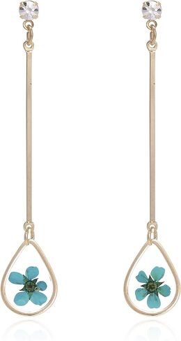 BONALUNA Pressed Flower Yellow Gold Plated Tear Dangle With Cubic Zirconia Titanium Post Back Earrings in Kuwait