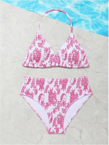 Girl's 2 Piece Swimsuits Tie Dye Smocked Triangle Halter Cute Bikini Set High Waisted Bathing Suit in Saudi Arabia