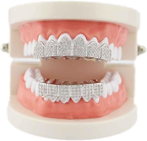 Diamond Grills Shiny Hip Hop Teeth Grillz Caps Iced Out CZ Top and Bottom Vampire Fangs Grillz -Dazzle at any event in Saudi Arabia