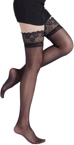Women's Lace Top Thigh High Sheer Stockings Antiskid Elastic band Ultra Shimmery Pantyhose in Saudi Arabia