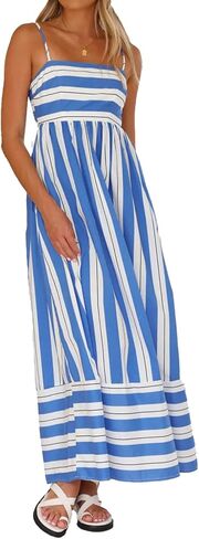 Women Striped Maxi Dress Sleeveless Backless Cutout Smocked Sundress Spaghetti Straps Boho Flowy Dresses in Kuwait