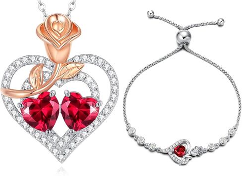AGVANA المجوهرات الجميلة يوليو جوهرة روبي قلادة سوار للنساء الفضة الاسترليني تشيكوسلوفاكيا روز زهرة القلب قلادة الذكرى هدايا عيد ميلاد للنساء الفتيات لها in Kuwait
