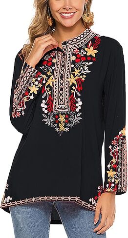 Grosy Boho Embroidered Long Sleeve Tunics Shirts for Women Mexican Peasant Blouses Ethnic Bohemian Floral Tunic Tops in Kuwait
