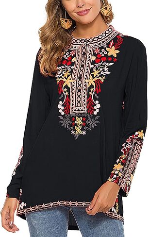 Grosy Boho Embroidered Long Sleeve Tunics Shirts for Women Mexican Peasant Blouses Ethnic Bohemian Floral Tunic Tops in Kuwait