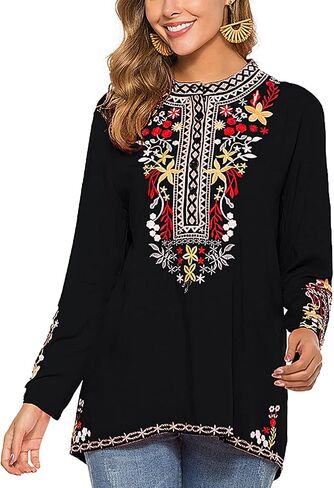 Grosy Boho Embroidered Long Sleeve Tunics Shirts for Women Mexican Peasant Blouses Ethnic Bohemian Floral Tunic Tops in Kuwait