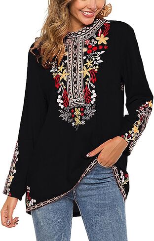Grosy Boho Embroidered Long Sleeve Tunics Shirts for Women Mexican Peasant Blouses Ethnic Bohemian Floral Tunic Tops in Kuwait