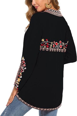 Grosy Boho Embroidered Long Sleeve Tunics Shirts for Women Mexican Peasant Blouses Ethnic Bohemian Floral Tunic Tops in Kuwait