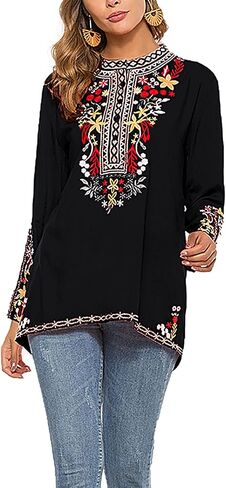 Grosy Boho Embroidered Long Sleeve Tunics Shirts for Women Mexican Peasant Blouses Ethnic Bohemian Floral Tunic Tops in Kuwait