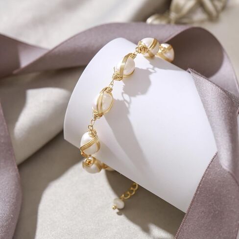 EVER FAITH Elegant Pearls Bracelet 18K Gold Vintage Freshwater Pearls Wrapped Silk Handmade Adjustable Charm Bracelets Dainty Wedding Bridal Jewelry for Women in Kuwait