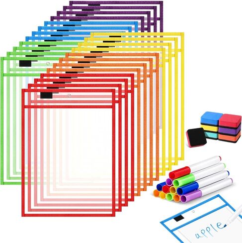 24 Pack Dry Erase Pocket Reusable Sleeves 10" x 14" Clear Plastic Sheet Protectors with Dry Erase Markers and Mini Sleeves Paper Teacher Supplies(Rainforest Green) in Kuwait