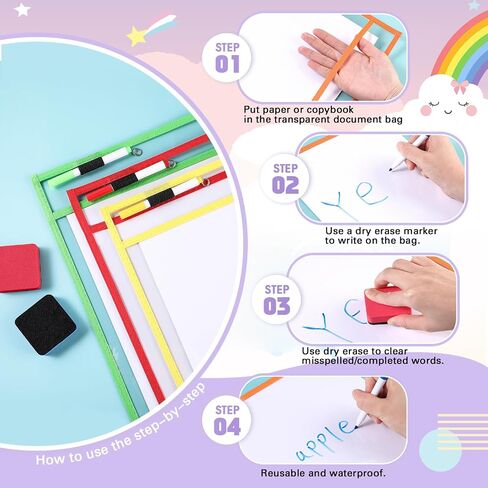 24 Pack Dry Erase Pocket Reusable Sleeves 10" x 14" Clear Plastic Sheet Protectors with Dry Erase Markers and Mini Sleeves Paper Teacher Supplies(Rainforest Green) in Kuwait