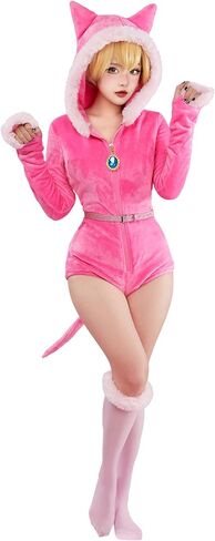 رومبير نسائي خوخي غامض وردي Bodycon منفوش نيسيي بيجامة ملابس منزلية بقلنسوة بذلة مع جوارب in Kuwait