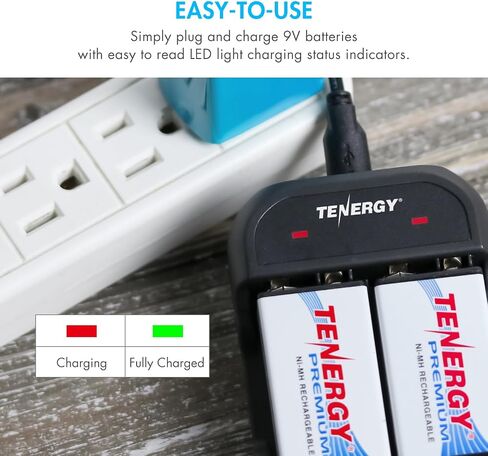 Tenergy TN141 2 Bay 9V Smart Charger with 2 Pack of Premium 9V NiMH 250mAh Rechargeable Batteries in Kuwait