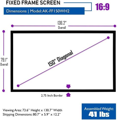 Akia Screens Fixed Frame Projector Screen 135-Inch, 16:9, Wall Mount, CINEWHITE UHD-B, 4K/8K Ready, Indoor Home Theater, AK-FF135WH2 in Kuwait
