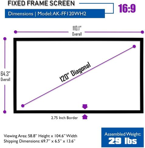 شاشة عرض بإطار ثابت من Akia مقاس 135 بوصة، 16:9، حامل على الحائط، CINEWHITE UHD-B، جاهزة 4K/8K، مسرح منزلي داخلي، AK-FF135WH2 in Kuwait