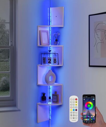 5 Tiers Corner Shelf with RGB LED Lights, 49.2" Wall Mount Floating Corner Display Shelf for Living Room Bedroom Home Office Decor, APP & Remote Control (Black) in Kuwait