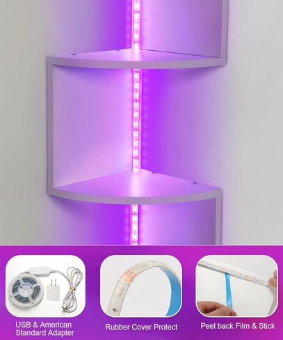5 Tiers Corner Shelf with RGB LED Lights, 49.2" Wall Mount Floating Corner Display Shelf for Living Room Bedroom Home Office Decor, APP & Remote Control (Black) in Kuwait