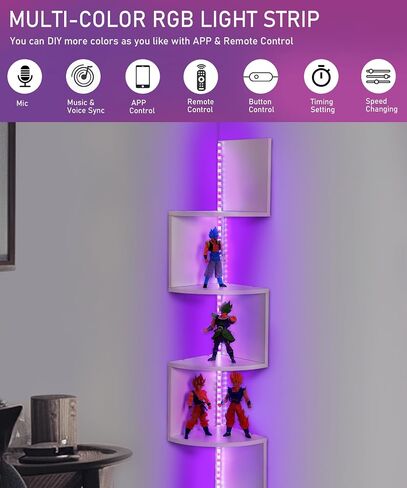 5 Tiers Corner Shelf with RGB LED Lights, 49.2" Wall Mount Floating Corner Display Shelf for Living Room Bedroom Home Office Decor, APP & Remote Control (Black) in Kuwait