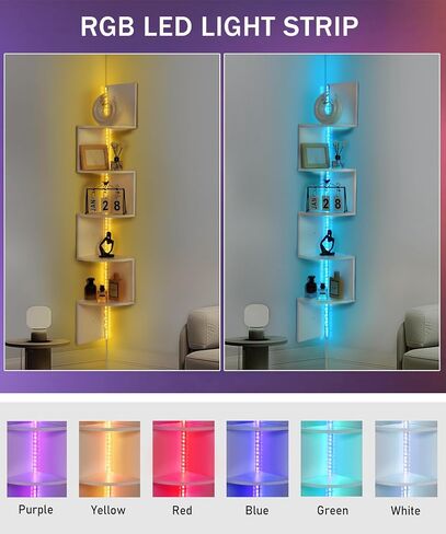 5 Tiers Corner Shelf with RGB LED Lights, 49.2" Wall Mount Floating Corner Display Shelf for Living Room Bedroom Home Office Decor, APP & Remote Control (Black) in Kuwait